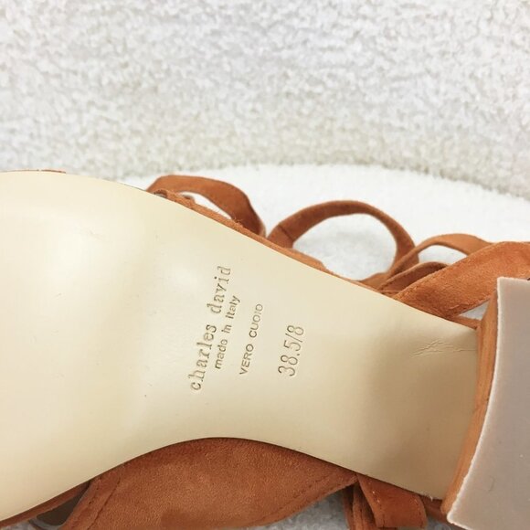 new sz 8 Charles David Blossom Ankle Tie Sandal Suede Rust block heels Lace up - Picture 11 of 11